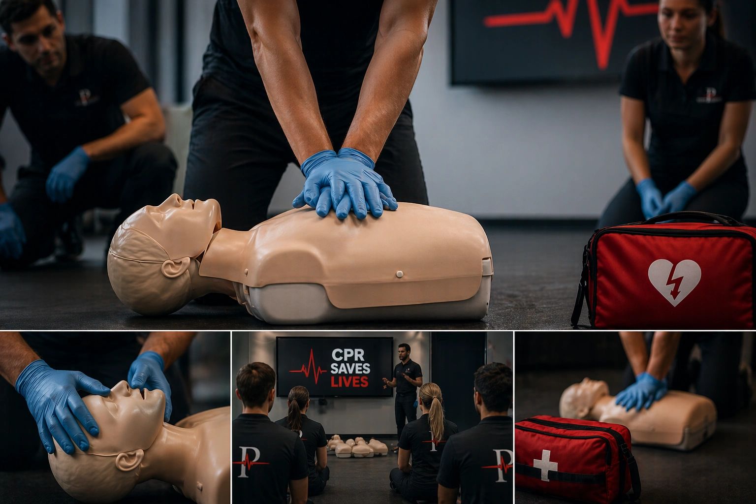 CPR training imagery showing chest compressions, classroom instruction and emergency equipment
