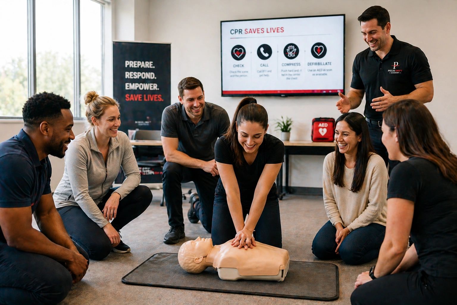 Group practicing CPR on a manikin during a training session