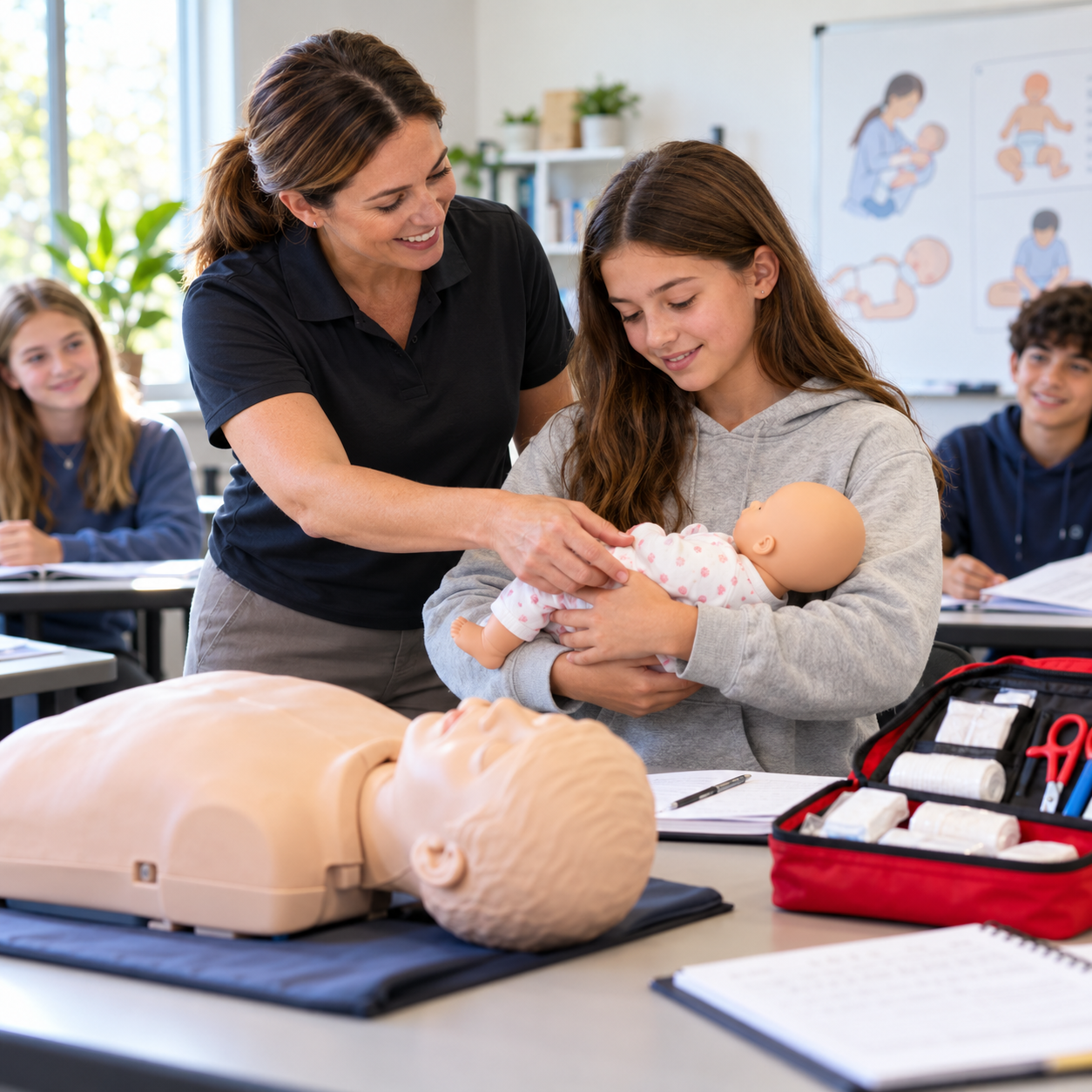 Teen learning infant care and safety skills during babysitter training